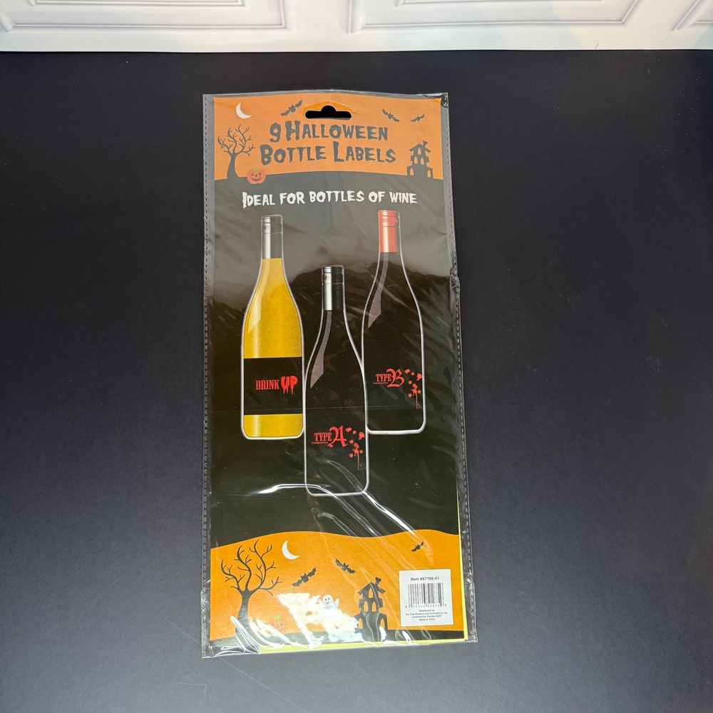 vtg 9 Halloween Wine Bottle Label Vampire Blood Type Drink Up Spooky Party Decor